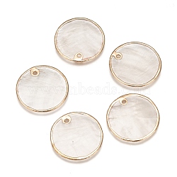 Natural Capiz Shell Pendants, Brass Edge Plated, Flat Round, Light Gold, 25x1~1.5mm, Hole: 1.2mm(X-SHEL-T012-07A)