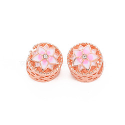 Rack Plating Alloy European Beads, with Crystal Rhinestone & Pearl Pink Enamel, Large Hole Beads, Cadmium Free & Nickel Free & Lead Free, Flat Round with Flower, Rose Gold, 10.5x10mm, Hole: 5mm(MPDL-N039-186RG)