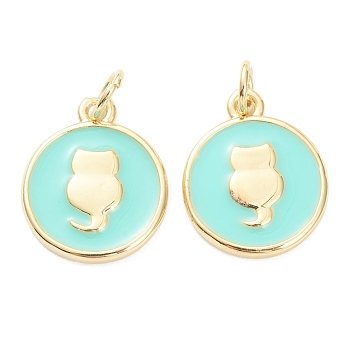 Brass Enamel Pendants, Long-Lasting Plated, Real 18K Gold Plated, Flat Round with Cat, Pale Green, 15.5x12.5x2mm, Hole: 3mm