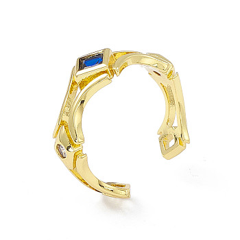 Cubic Zirconia Rhombus Open Cuff Ring, Golden Brass Jewelry for Women, Dark Blue, Inner Diameter: 18.4mm