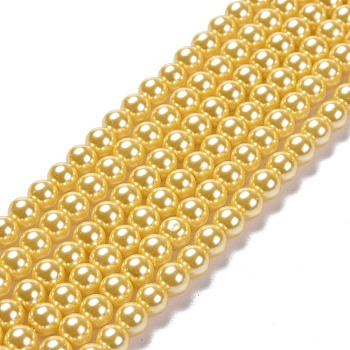 Grade A Glass Pearl Beads, Pearlized, Round, Gold, 6mm, Hole: 0.7~1mm, about 68pcs/Strand, 16''(40.64cm)