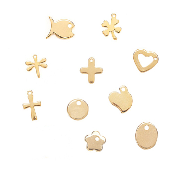 201 & 304 Stainless Steel Charms, Fish & Cross & Clover & Heart &  Flower & Flat Round & Dragonfly & Oval Charm, Real 24K Gold Plated, 6~13.5x3~11.5x0.8~1.5mm, Hole: 1~1.2mm