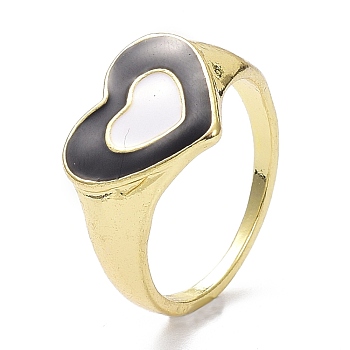 Heart Alloy Enamel Finger Rings, Light Gold, Black, 2mm, US Size 8 1/2(18.5mm)