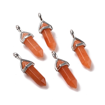 Natural Red Aventurine Pendants, Faceted, with Platinum Tone Brass Findings, Lead free & Cadmium Free, Bullet, 27~30x9~10x7~8mm, Hole: 4x3mm