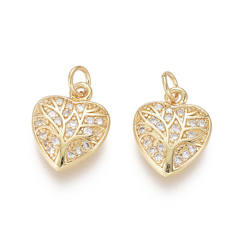 Golden Plated Brass Charms, with Cubic Zirconia and Jump Rings, Heart with Tree of Life, Clear, 12.5x10x2mm, Hole: 2.5mm