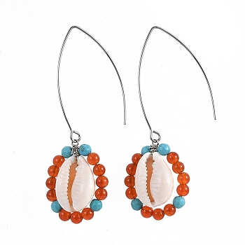 Stainless Steel Dangle Earrings, with Natural Carnelian Beads and Shell Beads, 68~70mm, Pin: 0.7mm