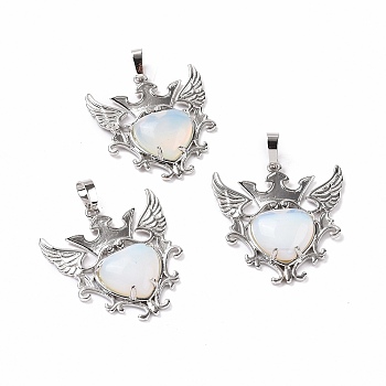 Opalite Pendants, Eagle with Heart Charms, with Rack Plating Platinum Tone Brass Findings, 36.5x33.3x6~7mm, Hole: 8x5mm