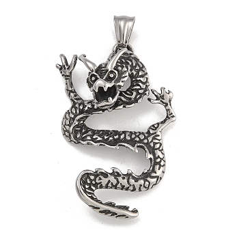 304 Stainless Steel Big Pendants, Dragon Charm, Antique Silver, 53x35.5x16.5mm, Hole: 9x5mm