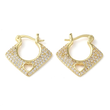 Rack Plating Brass Micro Pave Cubic Zirconia Hoop Earrings, Long-Lasting Plated Rhombus with Hollow Heart Earring for Women, Lead Free & Cadmium Free, Real 18K Gold Plated, 22x22x2mm