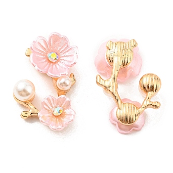 Zinc Alloy Cabochons, with Plastic Imitation Pearls and Rhinestones, Plum Blossom Branch, Pink, 23.5x15x6mm
