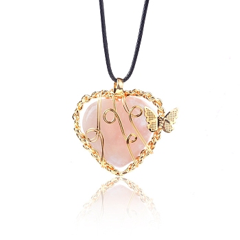Natural Rose Quartz Metal Wire Wrapped Heart Pendants, Golden Plated Butterfly Charms, 42x37mm