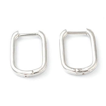 Brass Huggie Hoop Earrings, Long-Lasting Plated, Rectangle, Platinum, 15.5x11.5x2mm, Pin: 1mm