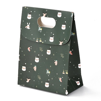 Christmas Themed Pattern Rectangle Kraft Paper Flip Bags, with Handle, Gift Bags, Shopping Bags, Dark Green, 14x6x16.5cm