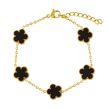 Acrylic Flower Link Chain Bracelet, Real 18K Gold Plated Stainless Steel Bracelet, Black, 6-3/4 inch(17cm)