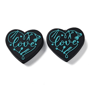 Food Grade Heart with Word Love Silicone Focal Beads, for Beadable Pens DIY Nursing Necklaces Making, Dark Turquoise, 27x30x7mm, Hole: 3mm