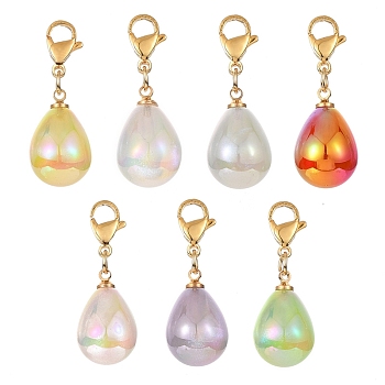 Rainbow Iridescent Acrylic Teardrop Pendant Decorations, with 304 Stainless Steel Lobster Claw Clasps, Golden, Mixed Color, 33mm