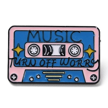 Cassette with Word Turn Off Worry Enamel Pins, Electrophoresis Black Zinc Alloy Brooch for Clothes Backpack, Marine Blue, 19x30x1.5mm
