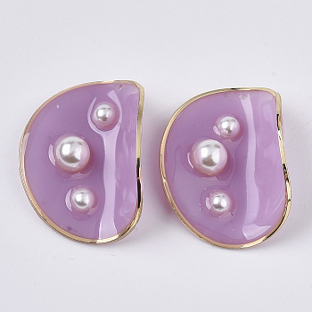 Epoxy Resin Pendants, with ABS Plastic Imitation Pearl and Light Gold Plated Brass Open Back Bezel, Curving Flat Round, Plum, 38~39x26~30x16~19mm, Hole: 1.5mm