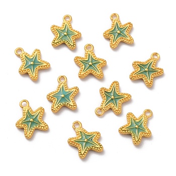 Alloy Enamel Pendants, Matte Gold Color, Starfish, Turquoise, 14x11.5x2mm, Hole: 1.6mm
