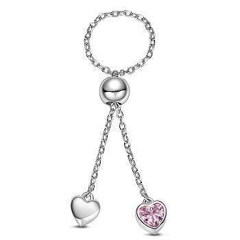SHEGRACE 925 Sterling Silver Rings, with Grade AAA Cubic Zirconia, Cable Chains and Round Beads, Heart, Platinum, 80mm