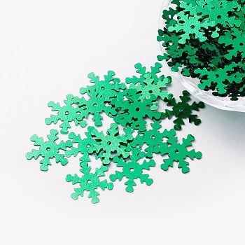 Ornament Accessories Plastic Paillette/Sequins Beads, Snowflake, Green, 19x17x0.1mm, Hole: 1.4mm