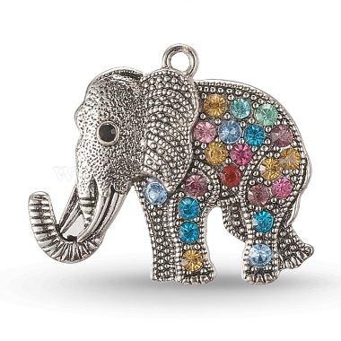 Antique Silver Elephant Alloy+Rhinestone Big Pendants