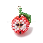 Handmade Glass Seed Beaded Apple Pendants, with Jump Ring, Red, 22x16x14.5mm, Hole: 2.5mm(PALLOY-MZ00397)