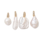 Natural Baroque Keshi Pearl Pendants, Oval Rectangle Teardrop Charms with Micro Pave Clear Cubic Zirconia Pendant Bails, Golden, Floral White, Mixed Shapes, 20~29x7~15x7~12mm, Hole: 3mm(PALLOY-JF05219)