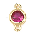 Brass Pave Cubic Zirconia Connector Charms, Real 18K Gold Plated, Long-Lasting Plated, Flat Round, Cerise, 5x2mm, Hole: 1mm(KK-TAC0015-01G-01)