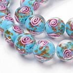 Handmade Gold Sand Lampwork Beads Strands, Round, Vortex Pattern, Sky Blue, 12mm, Hole: 2mm, 30pcs/strand, 13.18 inch(LAMP-L072-G01)
