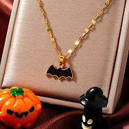 Stainless Steel Enamel Halloween Bat Pendant Dapped Chain Necklaces, Golden, Black, 15.75 inch(40cm)(EL6242)