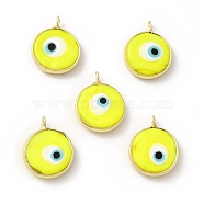 Handmade Evil Eye Lampwork Pendants, with Rack Plating Brass Findings, Long-Lasting Plated, Flat Round, Yellow, 18~19x15~16x4mm, Hole: 2mm(LAMP-F026-05D)