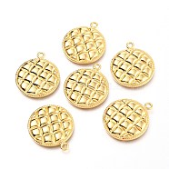 Brass Pendants, Flat Round with Grid Pattern, Real 18K Gold Plated, 26x22x3mm, Hole: 1.6mm(KK-J275-07G)