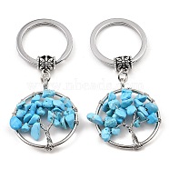 Synthetic Turquoise Flat Round with Tree of Life Pendant Keychain, with Iron Key Rings and Brass Finding, 6.5cm(KEYC-E023-03O)