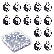 100Pcs Handmade Polymer Clay Charms, with Platinum Tone Iron Findings, Flat Round with Yin Yang, Black, 13~14x9~10x4.5mm, Hole: 1.8mm(CLAY-YS0001-01)
