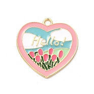 Alloy Enamel Pendants, Golden, Heart with Tulip and Word Hello Charm, Colorful, 26x26x1.6mm, Hole: 2mm(ENAM-E004-07G)