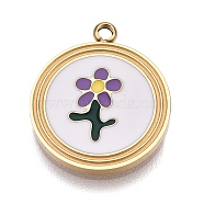 304 Stainless Steel Enamel Pendants, Flat Round with Flower Charm, Real 14K Gold Plated, 16x14x1mm, Hole: 1mm(X-STAS-L022-177A-G)