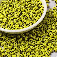 8/0 Opaque Colours Seep Glass Seed Beads, Round Hole, Round with Stripe Pattern, Yellow Green, 3~3.5x2~3mm, Hole: 1mm, about 450g/bag(SEED-F003-04B-05)