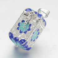 Brass Prayer Box Pendants, Cuboid with Flower, with Enamel, Blue, Silver Color Plated, 29x18x14mm, Hole: 4x7mm(X-KK-D528-05S)