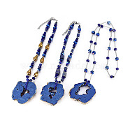 Electroplate Natural Agate Pendant Necklaces, with 304 Stainless Steel Findings, Glass Beads and Natural Lapis Lazuli Beads, Nuggets, Blue, 15.3~15.9 inch(39~40.5cm), 2~10mm(NJEW-F272)