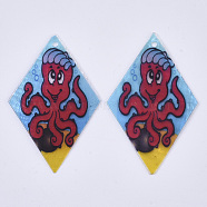 Printed Capiz Shell Pendants, Single-Sided Printed, Rhombus with Octopus, Colorful, 48~49.5x29.5~30.5x1mm, Hole: 1.6mm(SHEL-T016-08A)