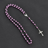 Long Handmade Imitation Pearl Cross Pendant Lariat Necklace Unisex Tassel Sweater Chain Necklaces, Medium Orchid(FZ4072-4)