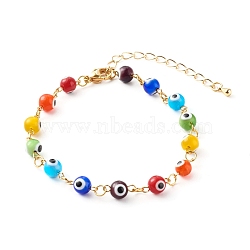 Handmade Evil Eye Lampwork Beaded Bracelets, with Brass Curb Chains, Colorful, 7.48 inch(190mm) (BJEW-JB06381)