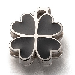 304 Stainless Steel Slide Charms, Enamel Style, Clover, Black, Stainless Steel Color, 13.5x11.5x3.5mm, Hole: 7.5x1.5mm(STAS-P270-04P-01)