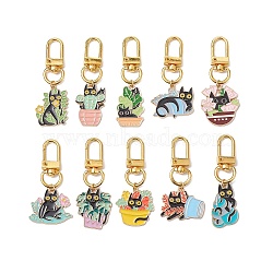 10Pcs 10 Styles Plant with Cat Alloy Enamel Pendant Decorations, Swivel Clasps Charms for Bag Ornaments, Mixed Color, 55~66mm, 1pc/style(HJEW-JM01944)