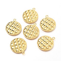 Brass Pendants, Flat Round with Grid Pattern, Real 18K Gold Plated, 26x22x3mm, Hole: 1.6mm(KK-J275-07G)