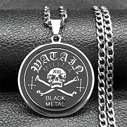 304 Stainless Steel Pendant Necklaces, Flat Round with Skull, Stainless Steel Color, 23.66 inch(60.1cm)(NJEW-C066-05P)