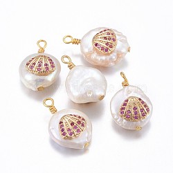 Natural Cultured Freshwater Pearl Pendants, with Brass Micro Pave Cubic Zirconia Findings, Nuggets with Shell, Golden, Deep Pink, 17~26x11~16x5~11mm, Hole: 1.6~2mm(PEAR-L027-58E)