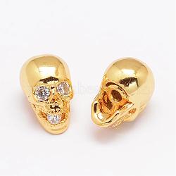 Brass Micro Pave Cubic Zirconia Beads, Skull, Lead Free & Nickel Free & Cadmium Free, Clear, Real 18K Gold Plated, 13x8x10mm, Hole: 2mm(ZIRC-P017-13G-NR)