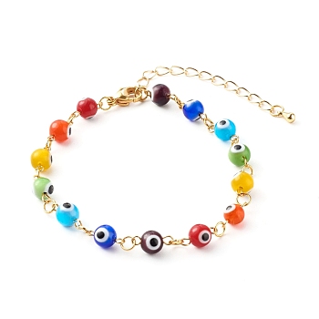 Handmade Evil Eye Lampwork Beaded Bracelets, with Brass Curb Chains, Colorful, 7.48 inch(190mm) 